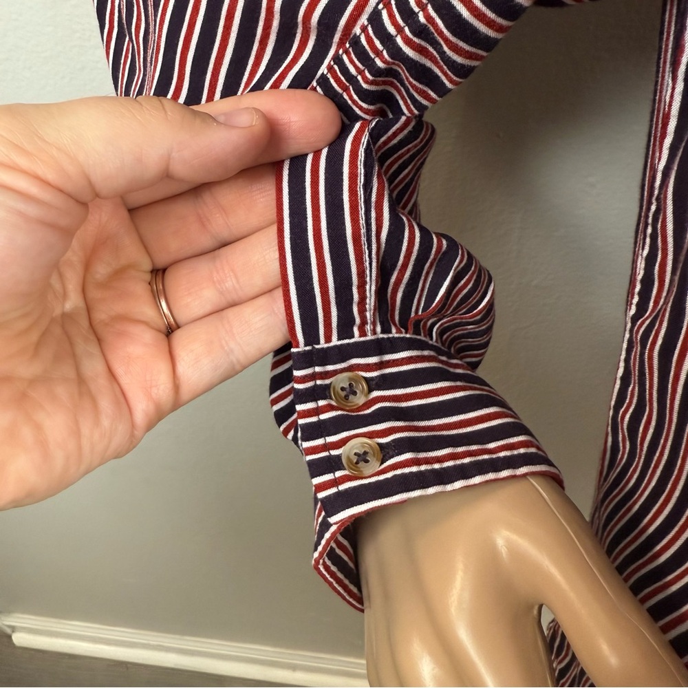 Maeve Anthropologie Adelaide Navy Red Striped Poplin Button Down Hi-Lo Sz Large - Picture 4 of 9